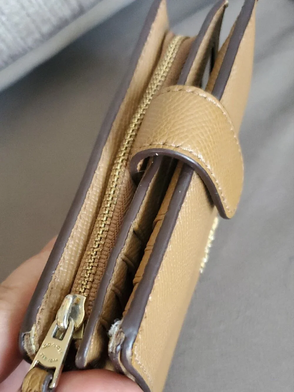 Coach Small Pebbled Leather Wallet in Light Tan with Gold Logo